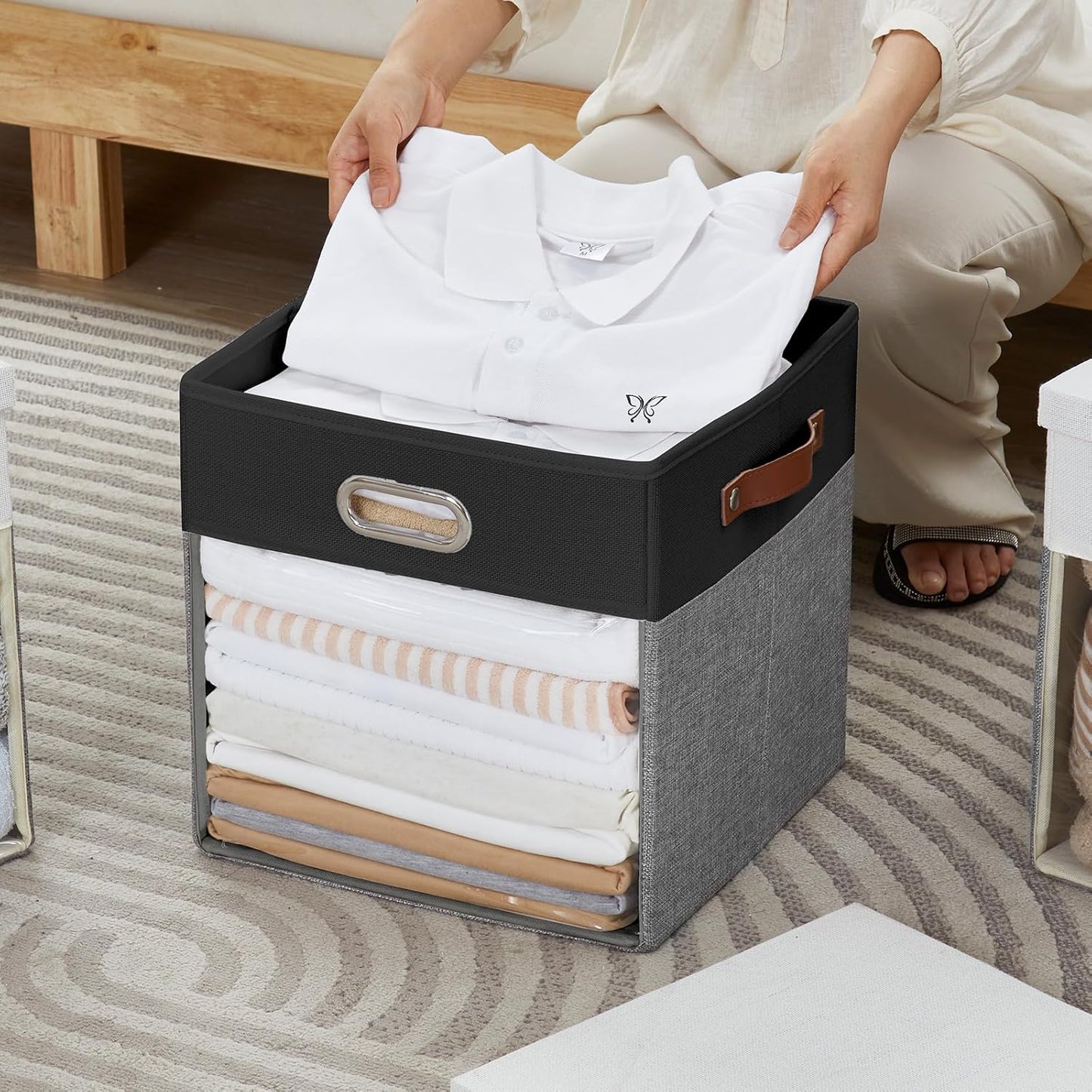 Fabric Storage Cubes with Clear Windows and Lids, 13'' Foldable Storage Bins with 3 Handles, Decorative Storage Boxes for Home, Bedroom, Closet, Office (Black&Gray)