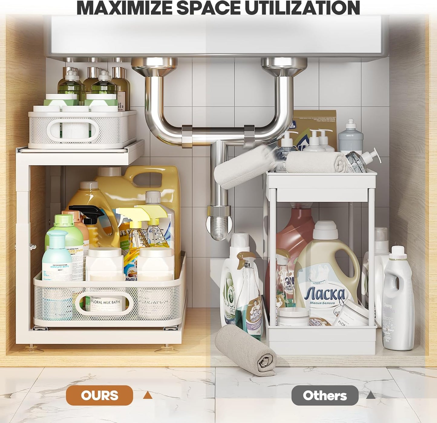 2-Pack 18.5 IN Depth Under Sink Organizer With Next-Gen Ball-Bearing Slides,Sophisticated Mesh 2-Tier Pull Out Shelf for Kitchen & Bathroom,Fits Small Items-Gun Gray