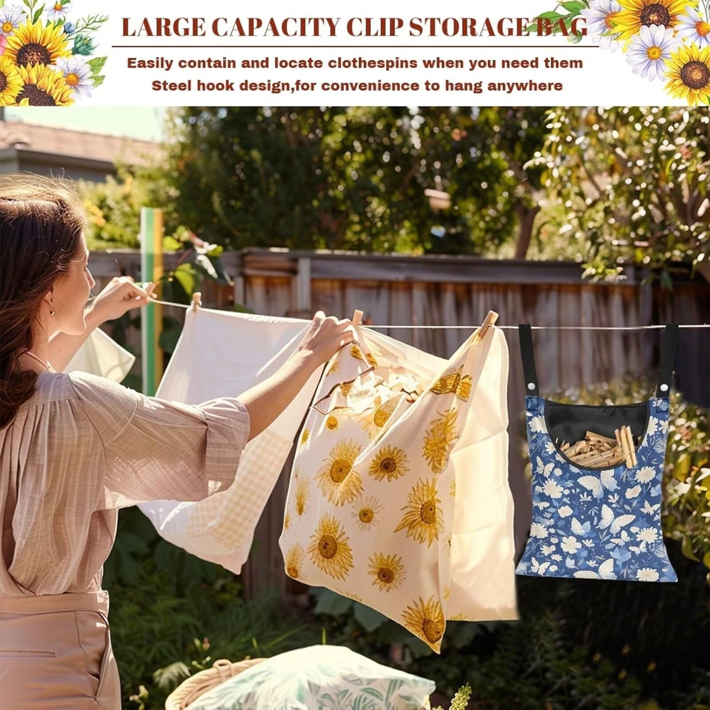 2 Pcs Butterfly and Floral Clothespin Bag with Large Opening Clothes Pins Holder Outdoor and Laundry Bag Hanging Fits for Clothesline Outdoor
