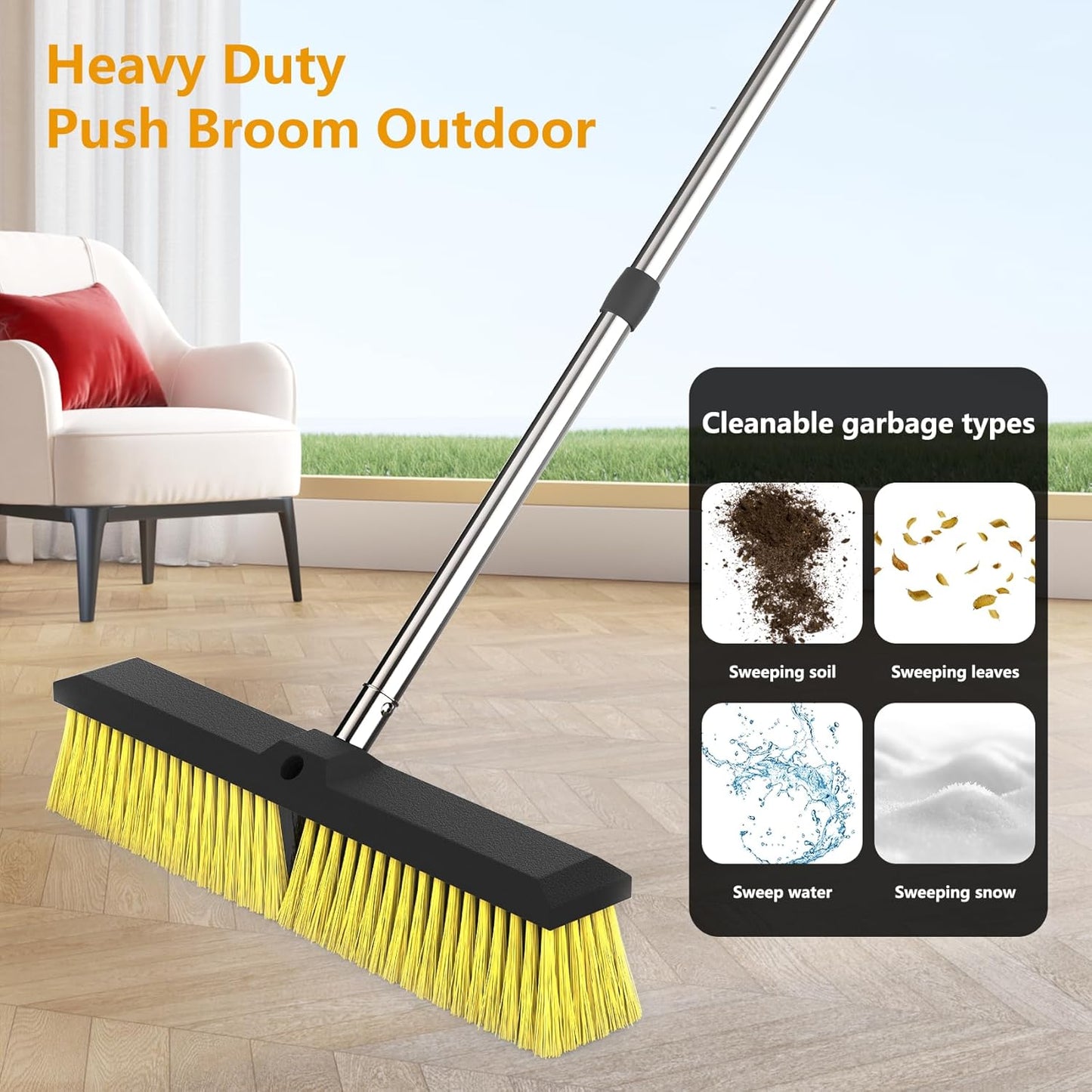 18 Inches Push Broom Outdoor with 65" Adjustable Handle, Heavy Duty Outdoor Broom with Stiff Bristles, for Cleaning Yard, Garage, Shop, Driveway, Wood, Stone, Deck, Concrete, and Tile Floor.