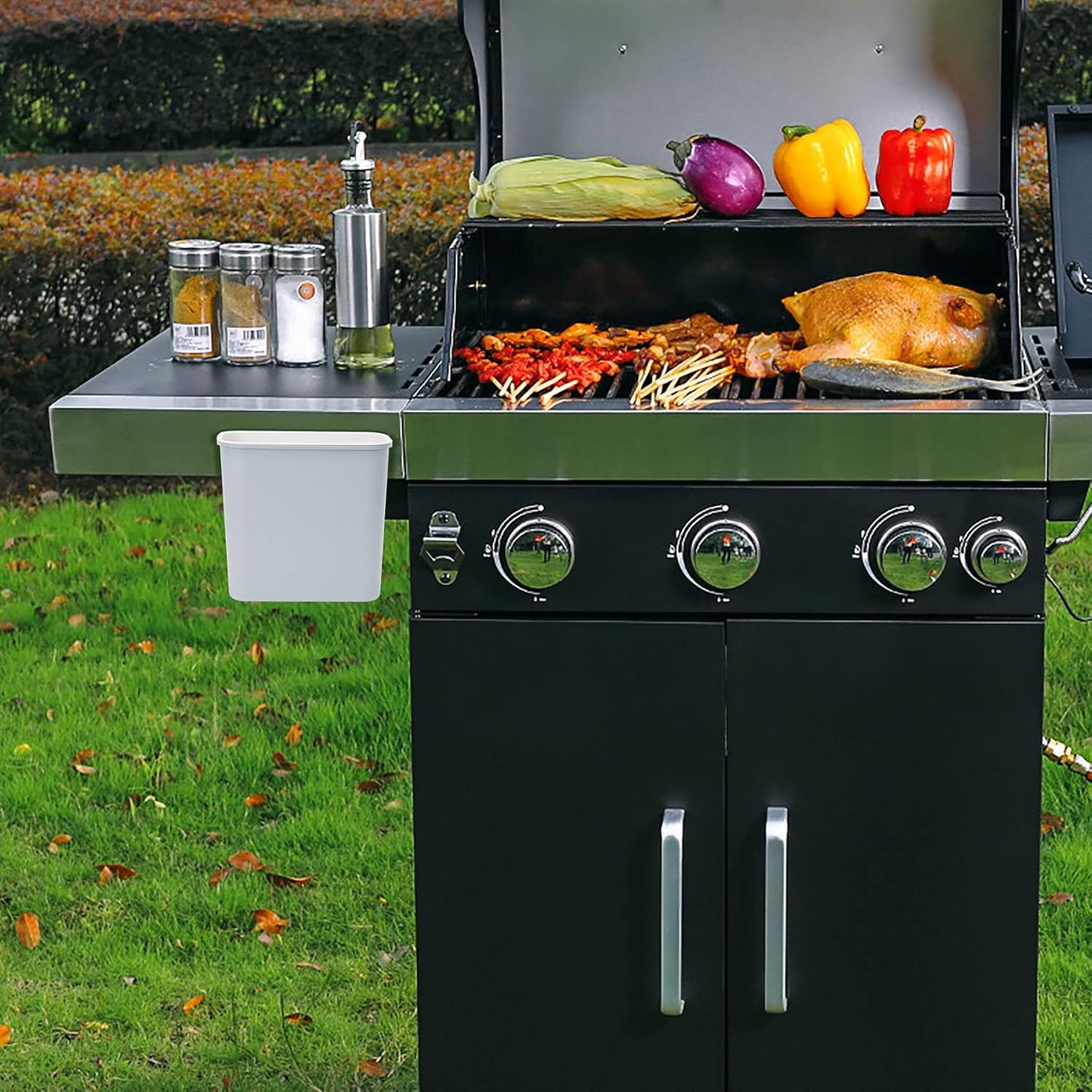 Skyflame Magnetic Hanging Trash Can, 2.1 Gallon Plastic Garbage Container, Multi-Function Grill Hanging BBQ Utensils Organizer Holder, Use for Kitchen/Bedroom/Bathroom/Camping/Grills