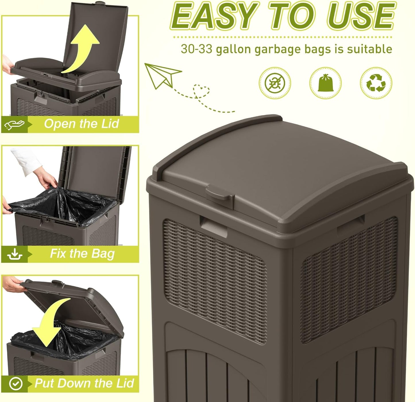 Greesum 33 Gallon Outdoor Trash Can with Lid, Waterproof Resin Garbage Bin for Hideaway, Deck, Patio, Brown