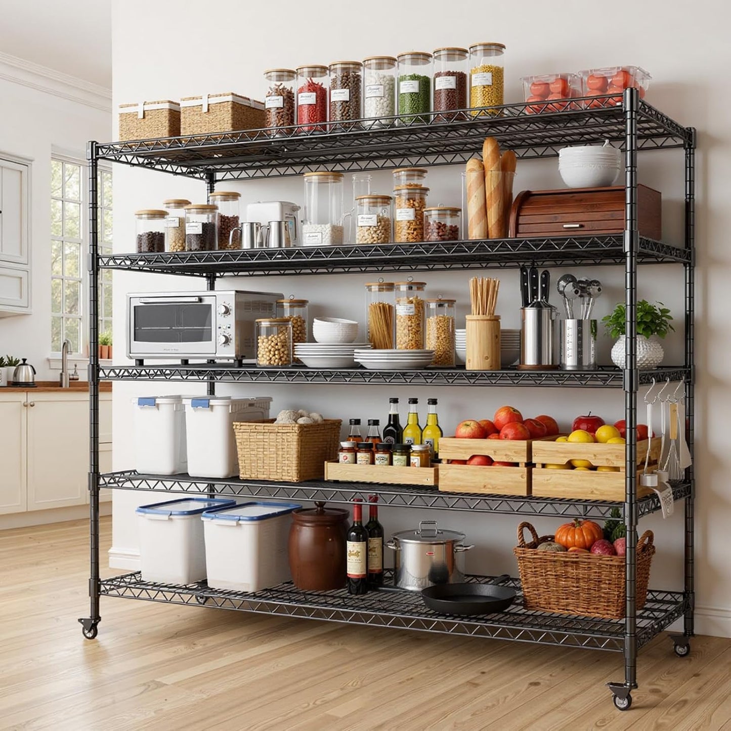 AIRAJ 60” W Storage Shelves Heavy Duty | 5 Tier Wire Shelving | 3500 LBS Metal Shelving | Garage Shelving Units and Storage | Rolling Wire Rack with Wheels | Adjustable Layer Height | 60”W×24”D×72” H