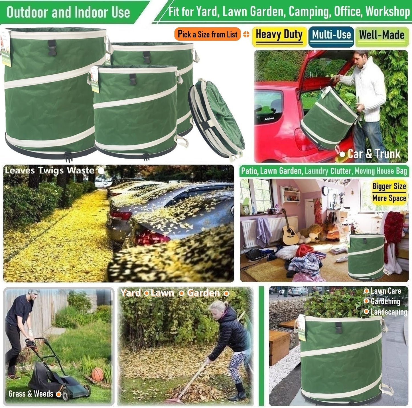 2-Pack 32 Gallon Collapsible Trash Can (19x25 in) Solid Bottom for Yard Waste Bag,Yard Debris Bag,Pop-Up Trash Can,Recycling Bin,Camping Waste Bin,Laundry Hamper,Lawn Grass,Garden Weeds Bags,Leaf Bags