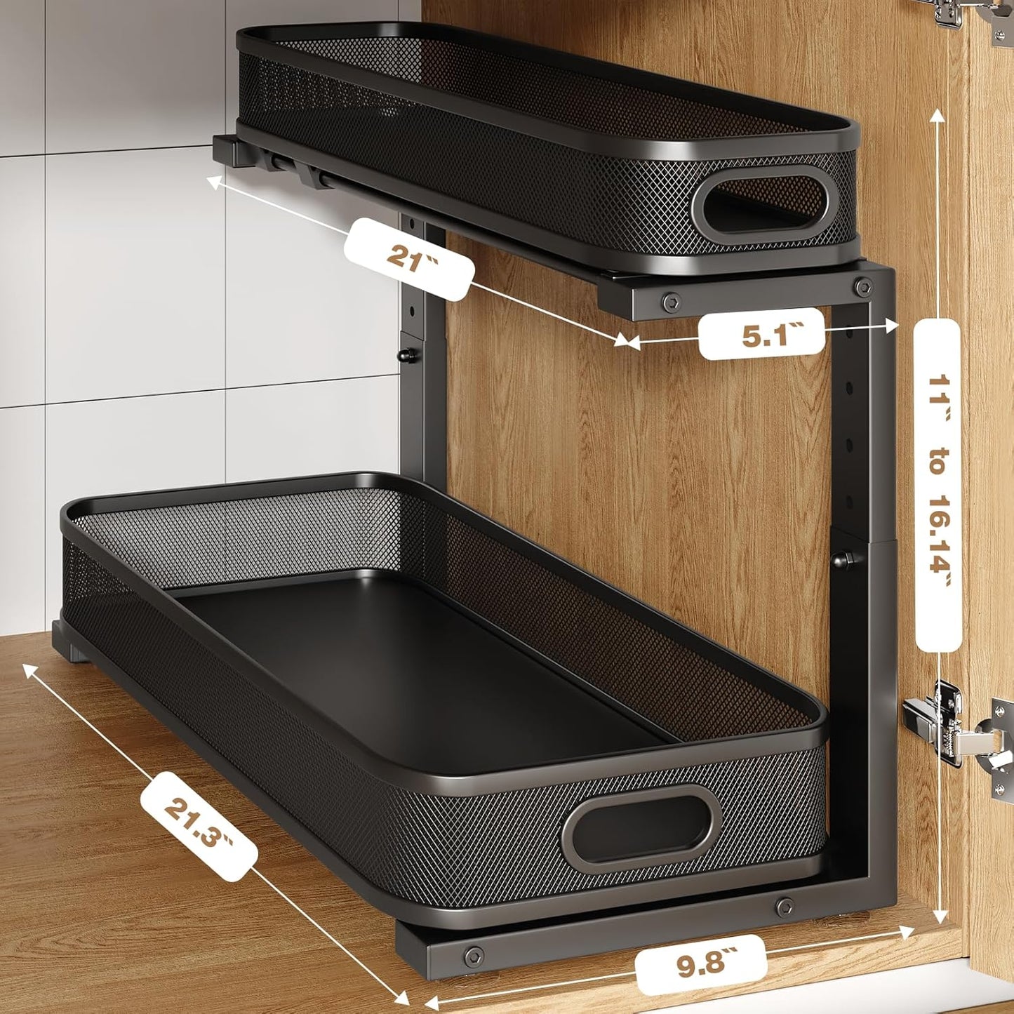 2 Pack 21.3IN-Depth Under Sink Organizer with Smooth Cylindrical Rail,2-Tier Pull Out Multi-Purpose Cabinet Storage for Bathroom&Kitchen,Height Adjustable,Rust-Resistant Coating-Black