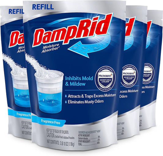 DampRid Refill Bag, 42 oz., 4-Pack - Fragrance Free Moisture Absorbers for Rooms with Excess Humidity, Long-Lasting, Inhibits Mold & Mildew