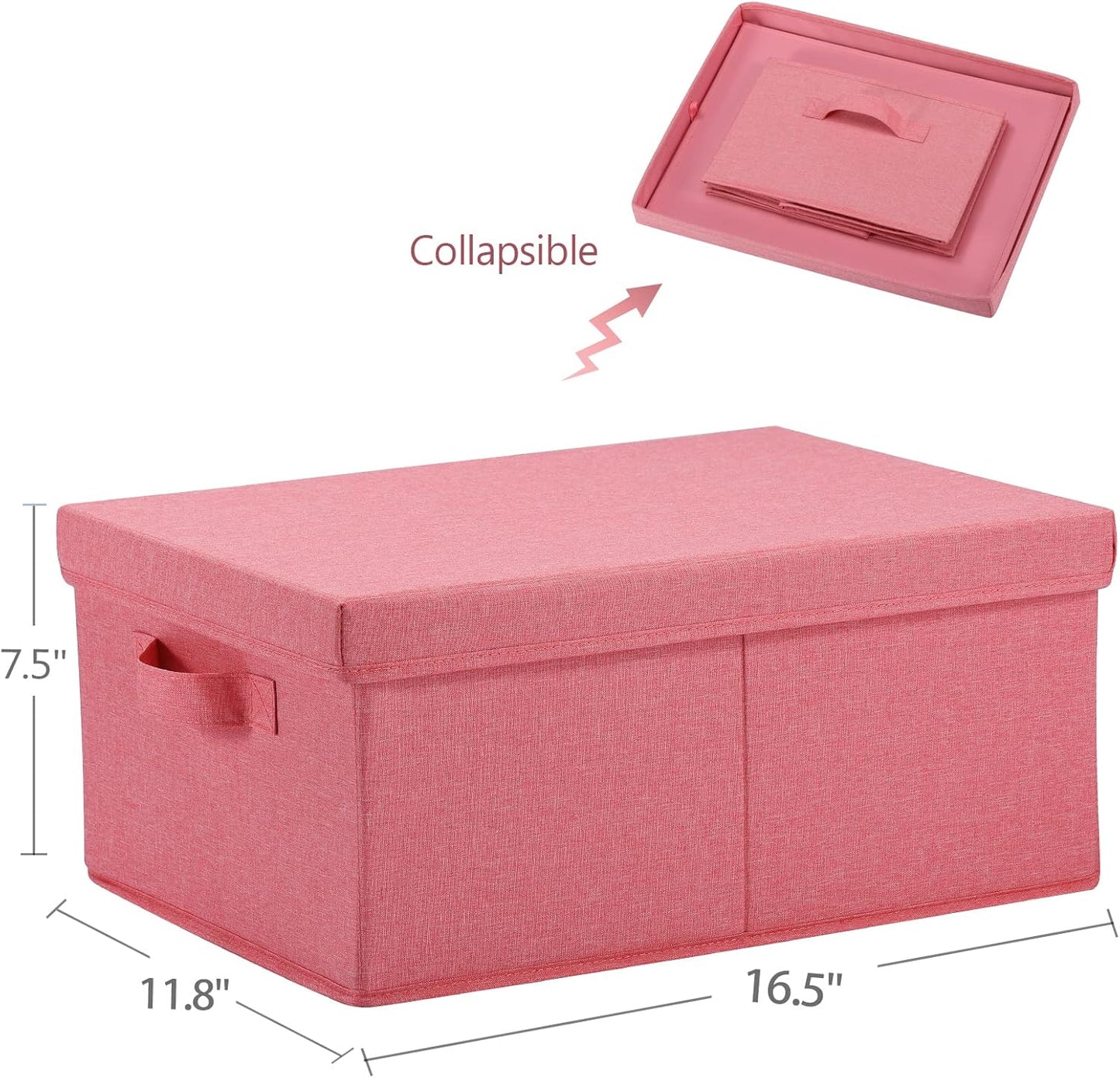 HOONEX Linen Foldable Storage Bins with Lids, 2 Pack, Storage Boxes with Carrying Handles and Sturdy Heavy Cardboard, 16.5" L x 11.8" W x 7.5" H for Shoes, Books, Clothes, Nursery, Pink