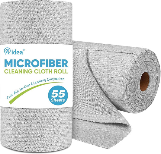 AIDEA Microfiber Cleaning Cloth Roll, Shop Towels 55 Sheets, Grey Microfiber Towels for Cars, Washable Shop Rags Reusable Paper Towel for Automotive, Workshop, House, Kitchen, Cleaning Supplies11×9"