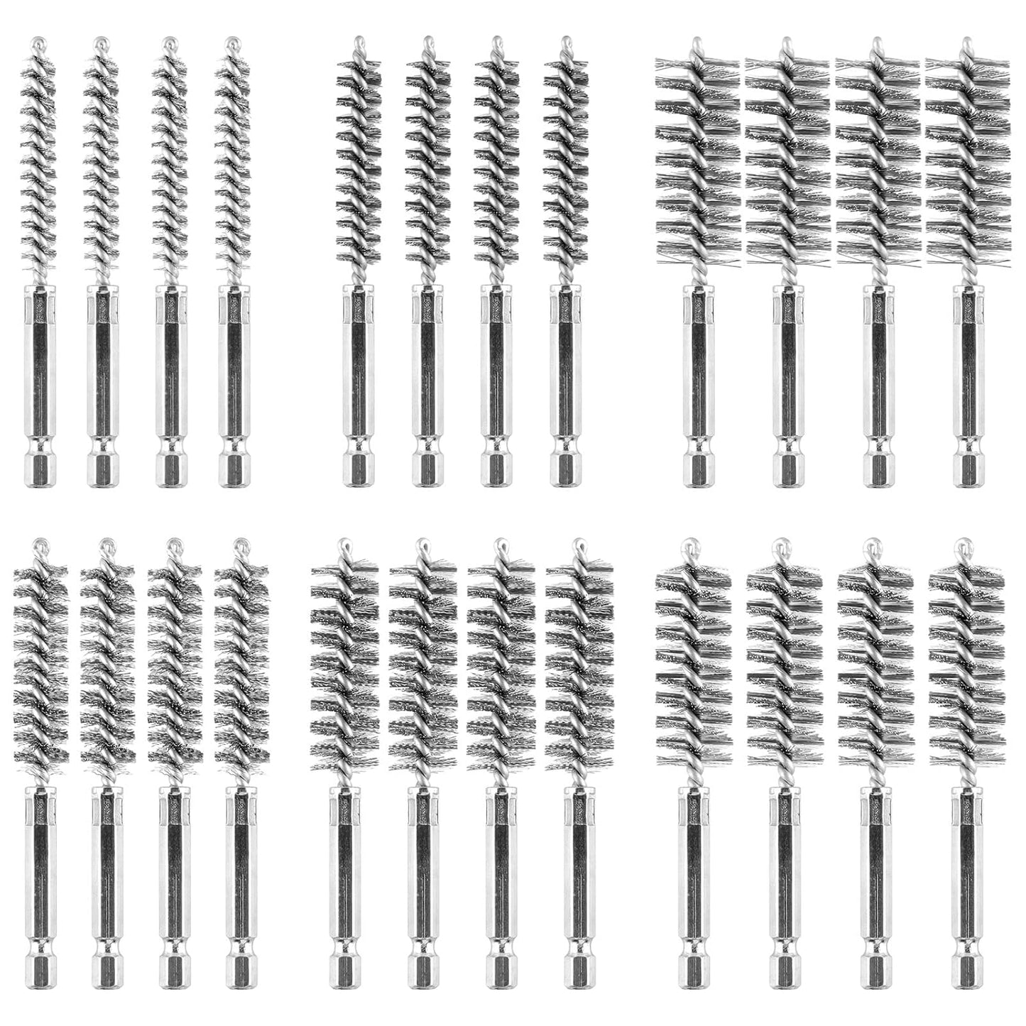 24 pcs Bore Brush for Drill, Stainless Steel Wire Cleaning Brush Set, Abrasive Wire Bore Brushes Set with 1/4 Inch Hex Shank for Rust, Cleaning Tubes (8/10/12/15/17/19MM)