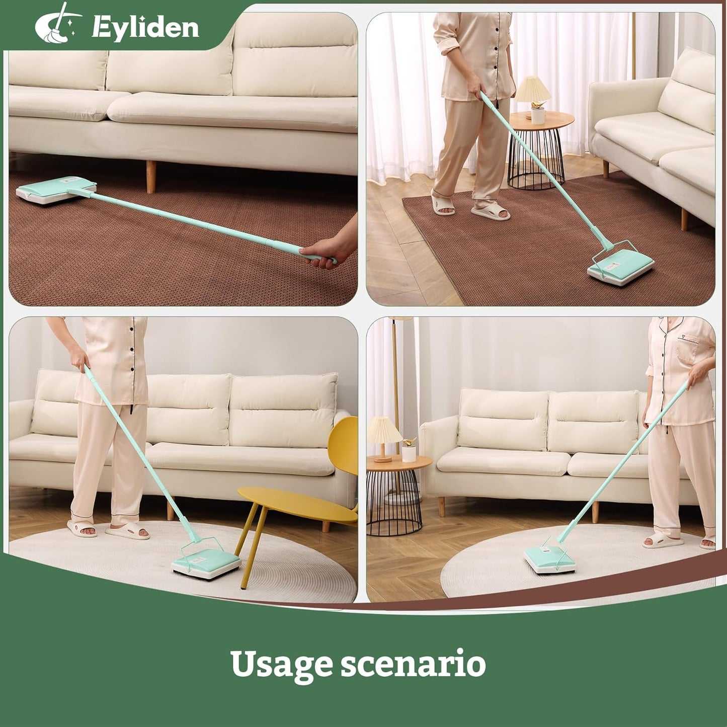 Eyliden X-Large Carpet Sweeper - Quiet Manual Sweeper for Carpets & Rugs | 1 Extra Refill Roller Brush | Non-Electric, Hand Push, Quietly Cleans Debris and Messes, Restaurant Roller Broom (Mint)