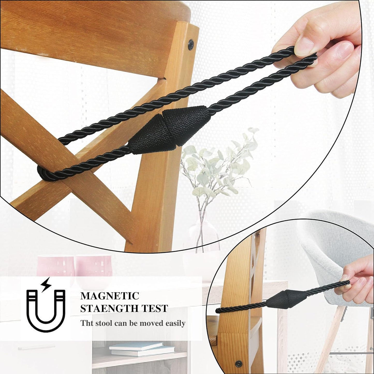 6 Pack Magnetic Curtain Tiebacks Rope Modern Handmade Curtain Tie Backs Decorative Drapes Weave Holdbacks for Window Décor, Black