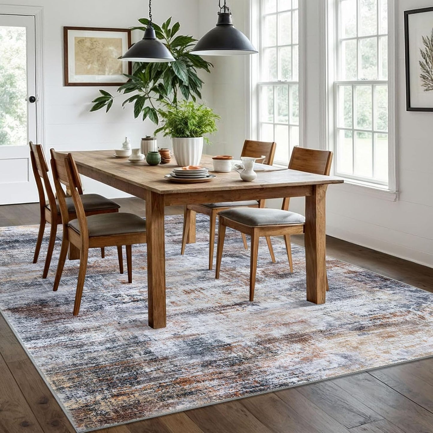 IOHOUZE Abstract Area Rugs 6x9 Ft Washable Rugs for Living Room, Non Slip Dining Room Rug, Printed Faux Wool Rugs for Bedroom, Floor Carpet for Office Nursery Playroom, Orange Grey