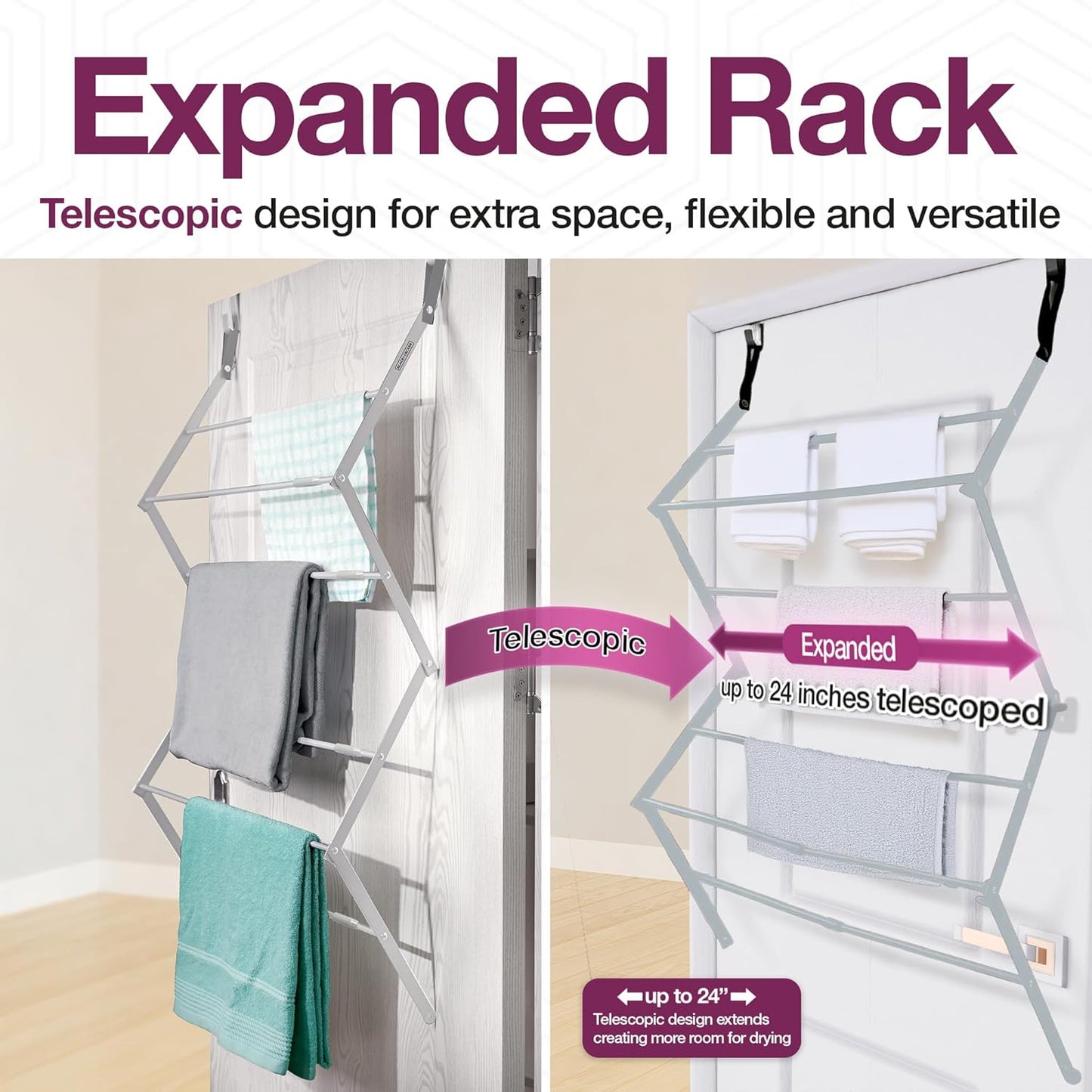 BLACK+DECKER Over The Door Expandable Telescopic Drying Rack, Clothes Organizer, Towel Hanger, Laundry, Collapsible, Silver