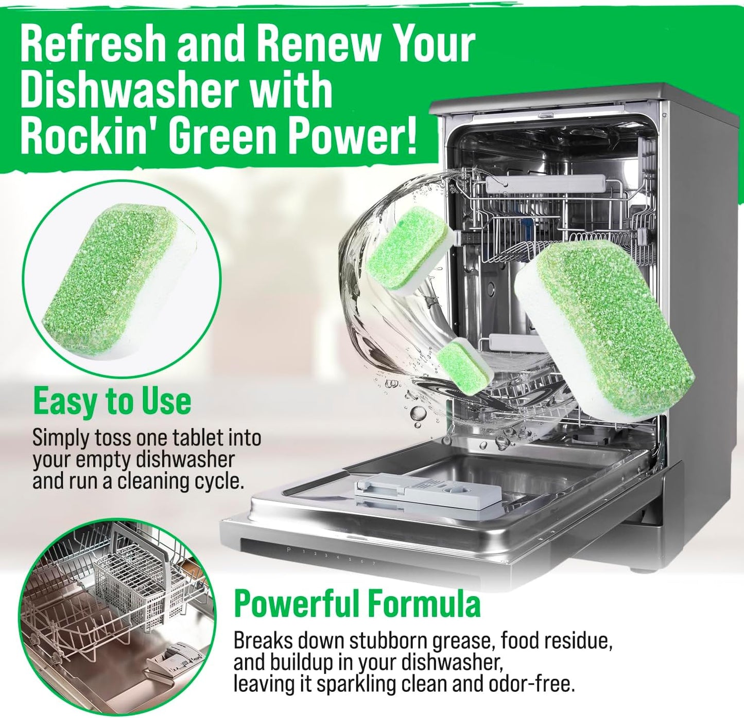 Rockin' Green Deep Cleaning and Deodorizing Tablets for Dishwashers, Washing Machines, and Garbage Disposals, Removes Odor and Residue (Dishwasher Cleaning Tablets, 24 Pack)
