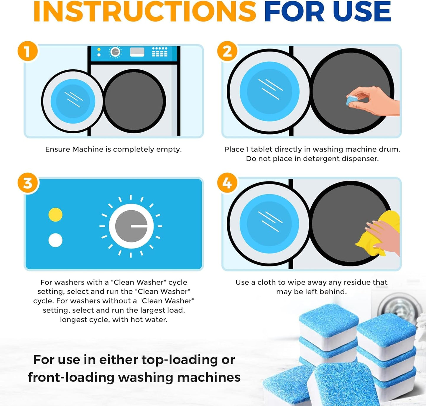 Washing Machine Cleaner Tablets 24 pack Powerful Descaler -Deep Cleaning for HE Front Loader & Top Load Washer Septic Safe Eco-Friendly Deodorizer Clean Drum & Laundry Tub Seal- Year's Supply