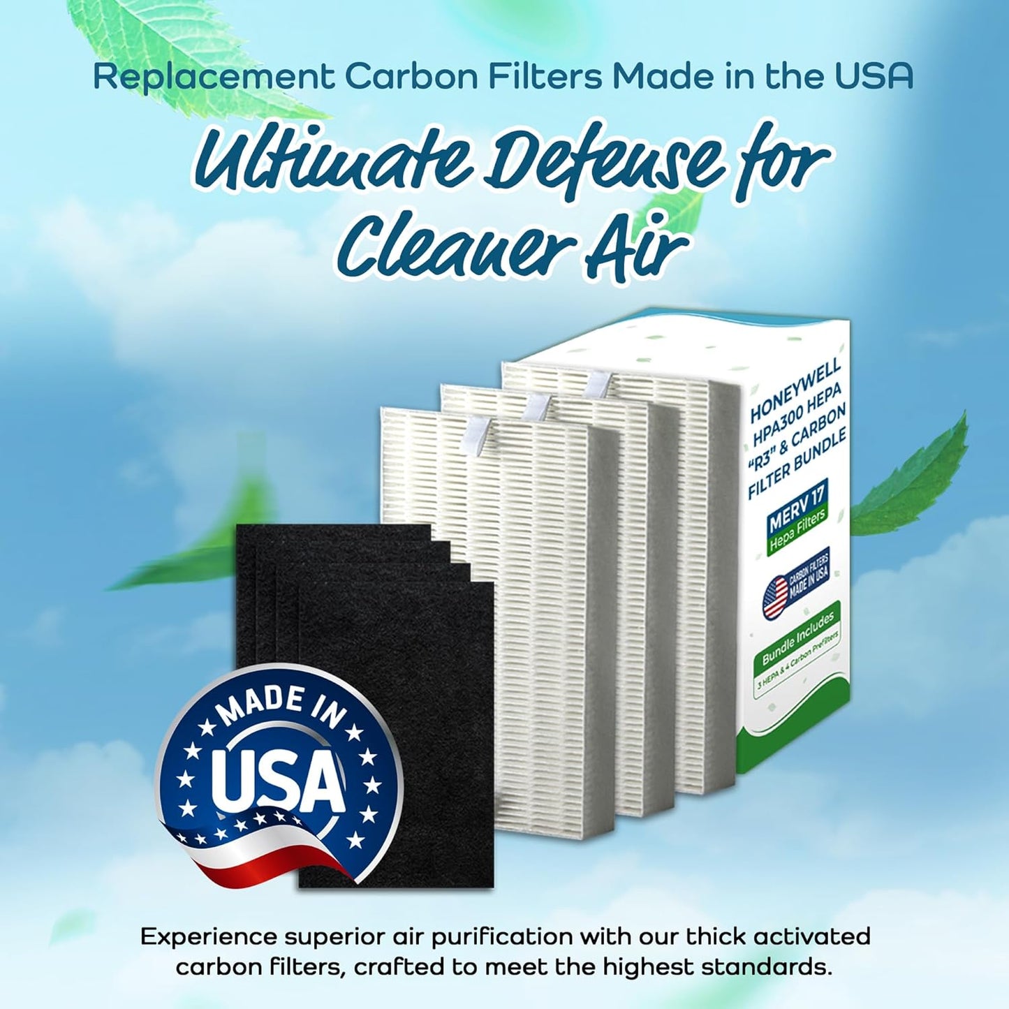 Breathe Naturally "R" Replacement Filters Compatible with Honeywell Air Purifier HPA300 or or HRF-R3 Series - Activated Carbon Prefilter - 14"x17.2"x0.2" (3 HEPA Filters + 4 Carbon Prefilters)