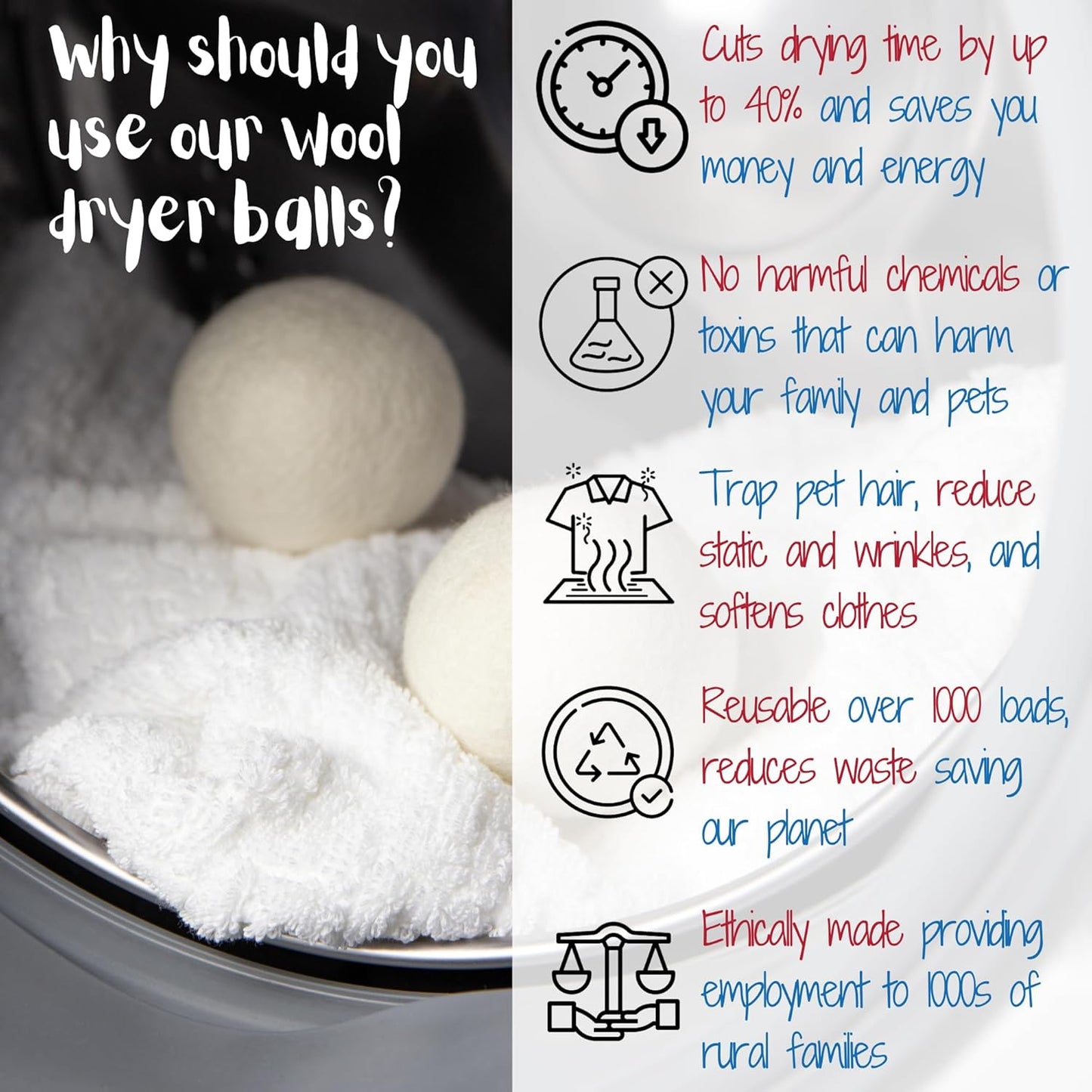 Wool Dryer Balls Organic Premium | Handcrafted Puppy Dog Face Design | 6 Balls XL, Ethically & Humanely Made, Natural Fabric Softener, Laundry Dryer Balls Reusable, Wrinkle Release