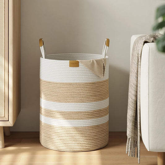62L Striped Laundry Hamper with Leather Handles,Large Foldable Laundry Basket for Clothes,Cotton Rope Storage Bin for Blankets,Woven Clothes Basket for Bedroom, Beige Stripes