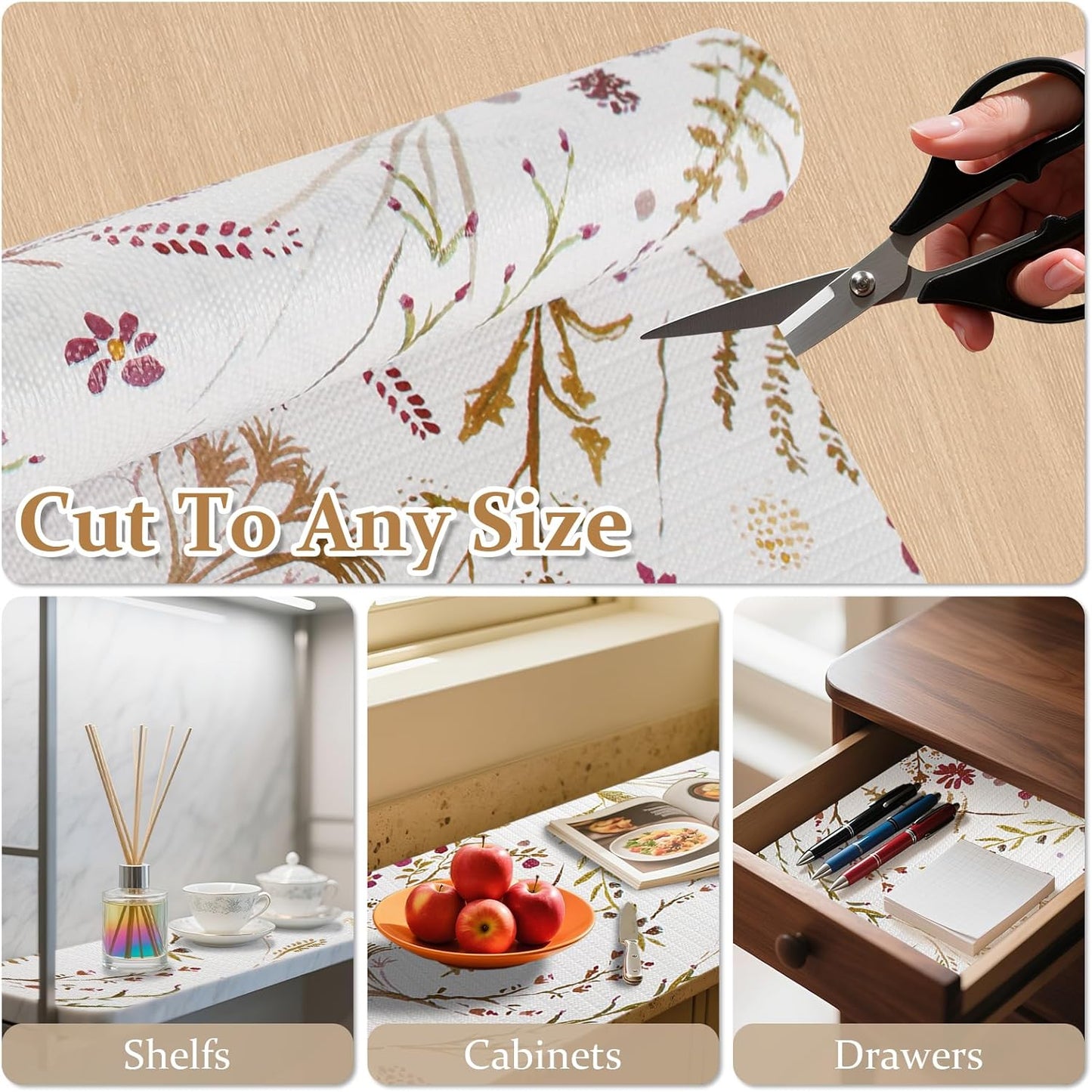 FINNEZ Shelf and Drawer Liner 17in x 10FT with Cutting Tool, Non Slip Non Adhesive Drawer Liners for Kitchen Cabinets, Waterproof Floral Cabinet Liner for Shelves, Refrigerator