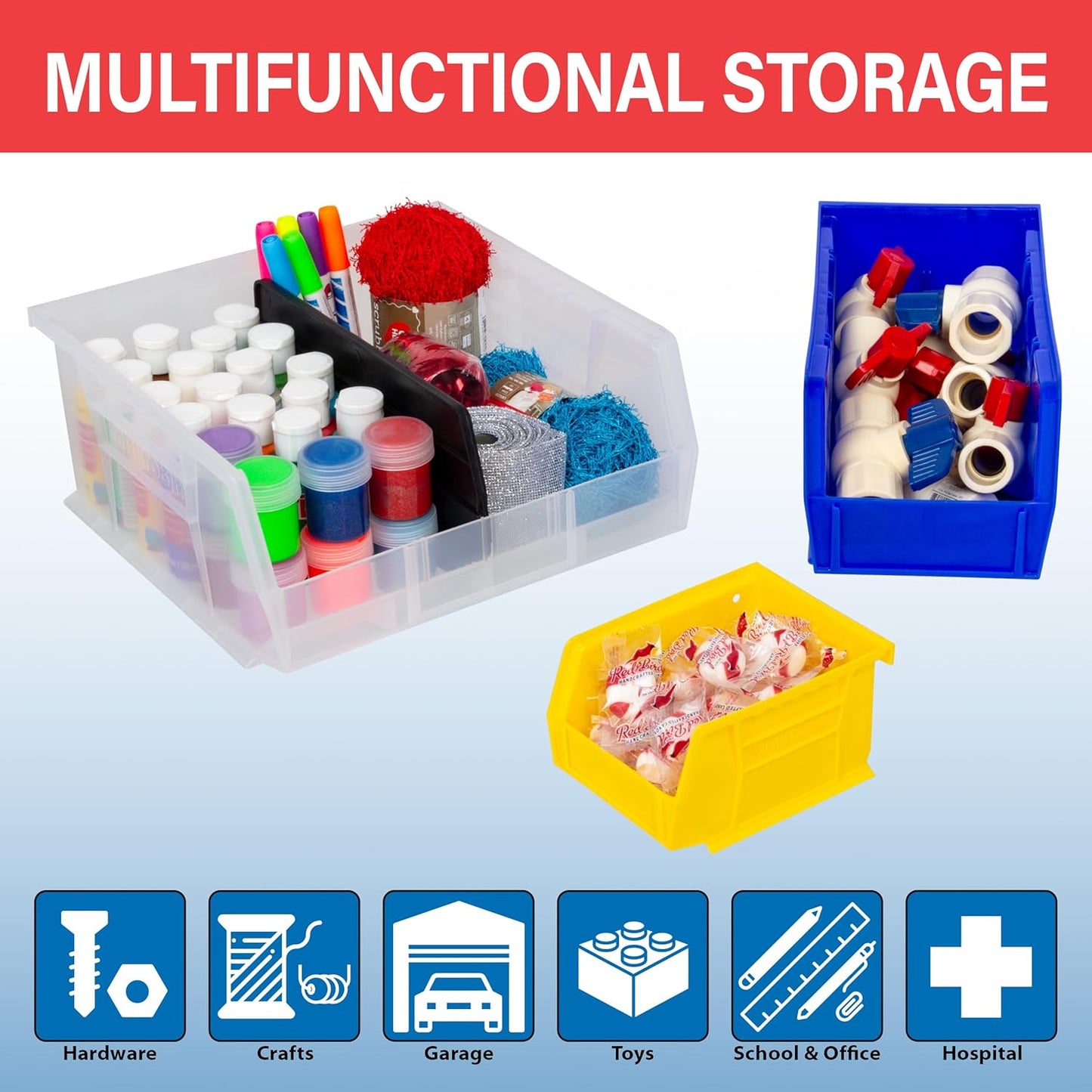 Akro-Mils 30210 AkroBins Plastic Storage Bins, Space-Saving Stackable Bins for Garage, Pantry, Craft Organization, 5-" x 4-" x 3-", Red, 24-Pack