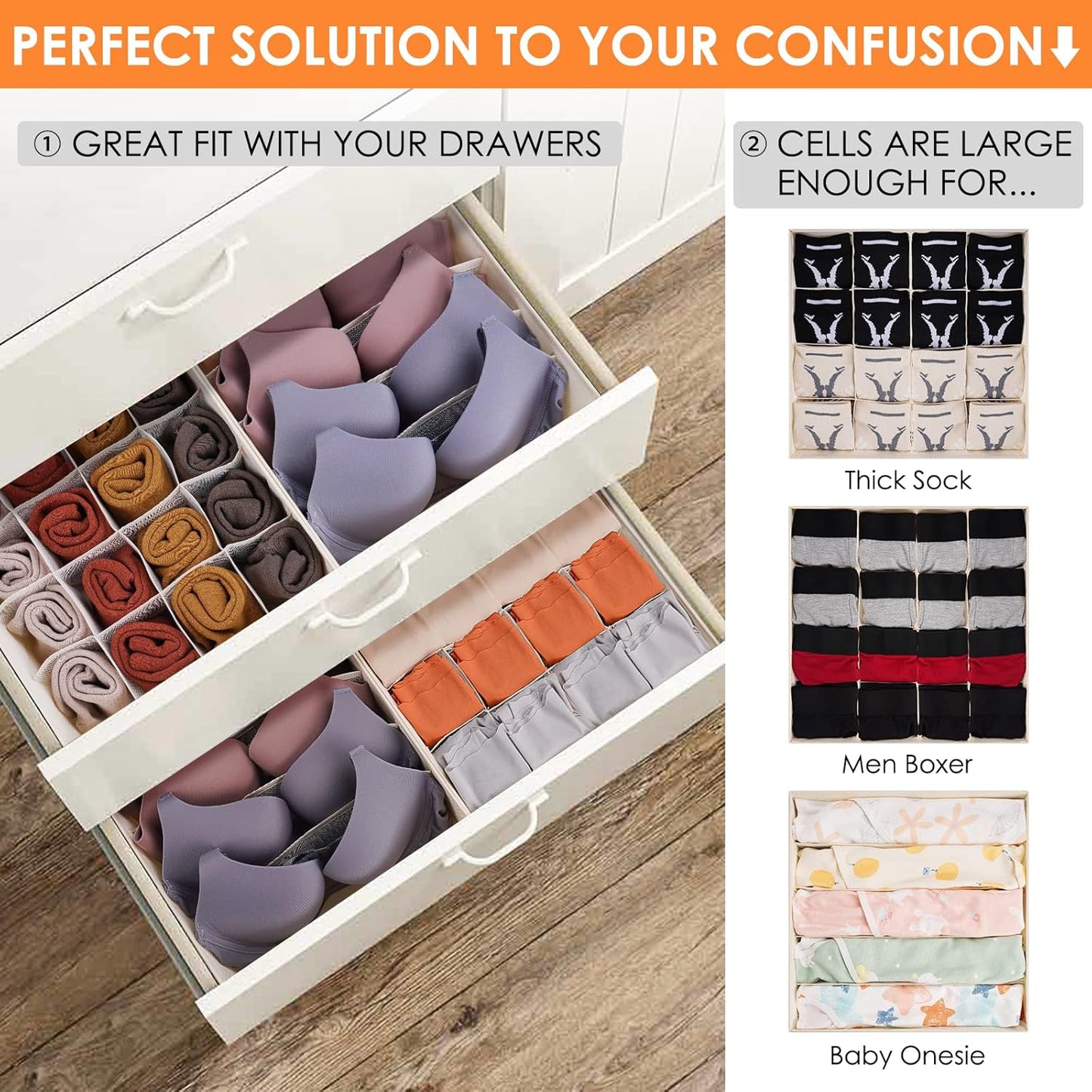 3 Pack Bra Underwear Drawer Organizer Dividers, 26 Cell Fabric Foldable Dresser Closet Organizers and Storage Boxes for Baby Clothes, Bra, Socks, Underwear, Ties (5+5+16 Slots, Beige)