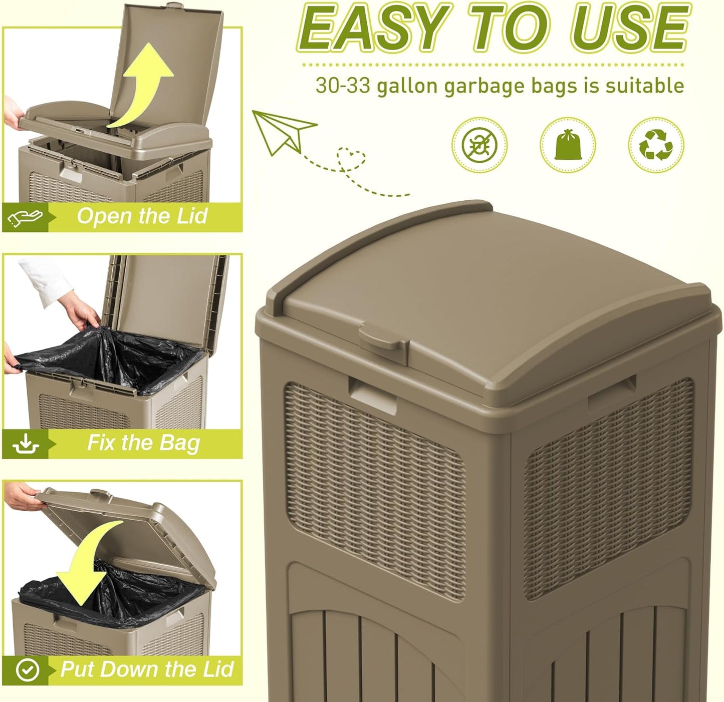 Greesum 33 Gallon Resin Outdoor Trash Can with Lid, Waterproof Resin Garbage Bin for Hideaway, Patio, Deck, 3 Pack, Light Brown