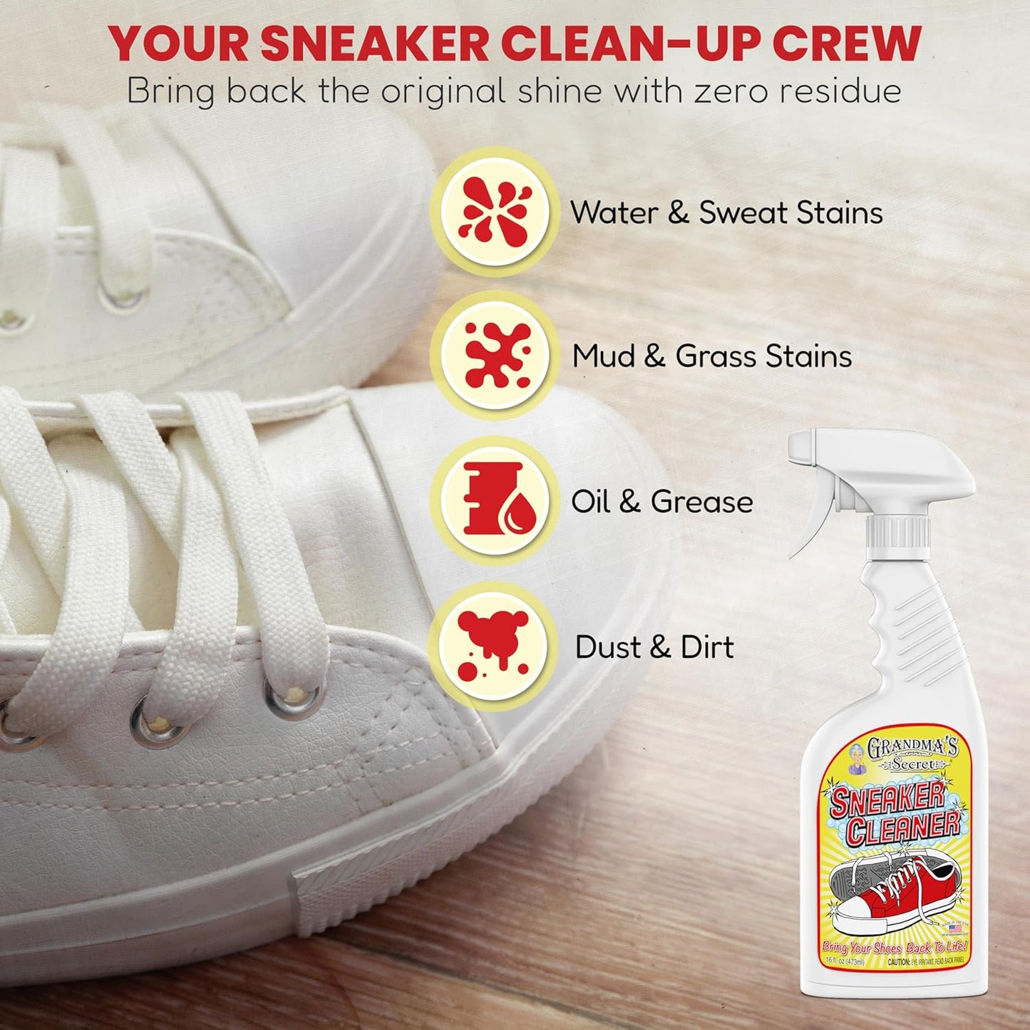 Grandma's Secret Sneaker Cleaner for Rubber, Canvas, Leather - Stain Remover Spray Removes Dirt, Grime, Grass - Shoes Cleaner for Outdoor Slippers, Moccasins - 16 oz, 2 Pack