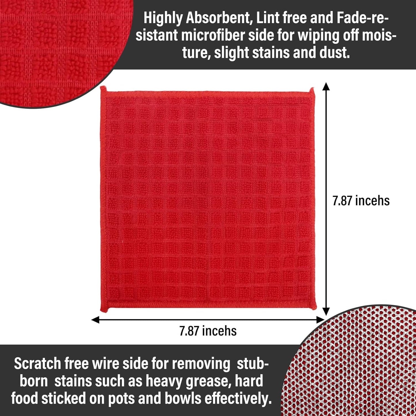 Dish Rags for Washing Dishes 8 Pack Multipurpose Wire Miracle Cleaning Coths Non-Scratch Wire Dishwashing Rag Lint Free Microfiber Cleaning Cloth for Kitchen Windows (Red)