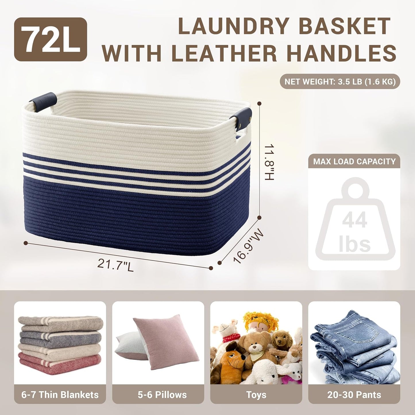 72L Large Laundry Basket with Leather Handles for Living Room Storage, Woven Rope Baskets Bin for Blanket, Kids Toy, Gifts, Wicker Hamper for Bedroom Dirty Clothes, 22"x17"x12" White Navy