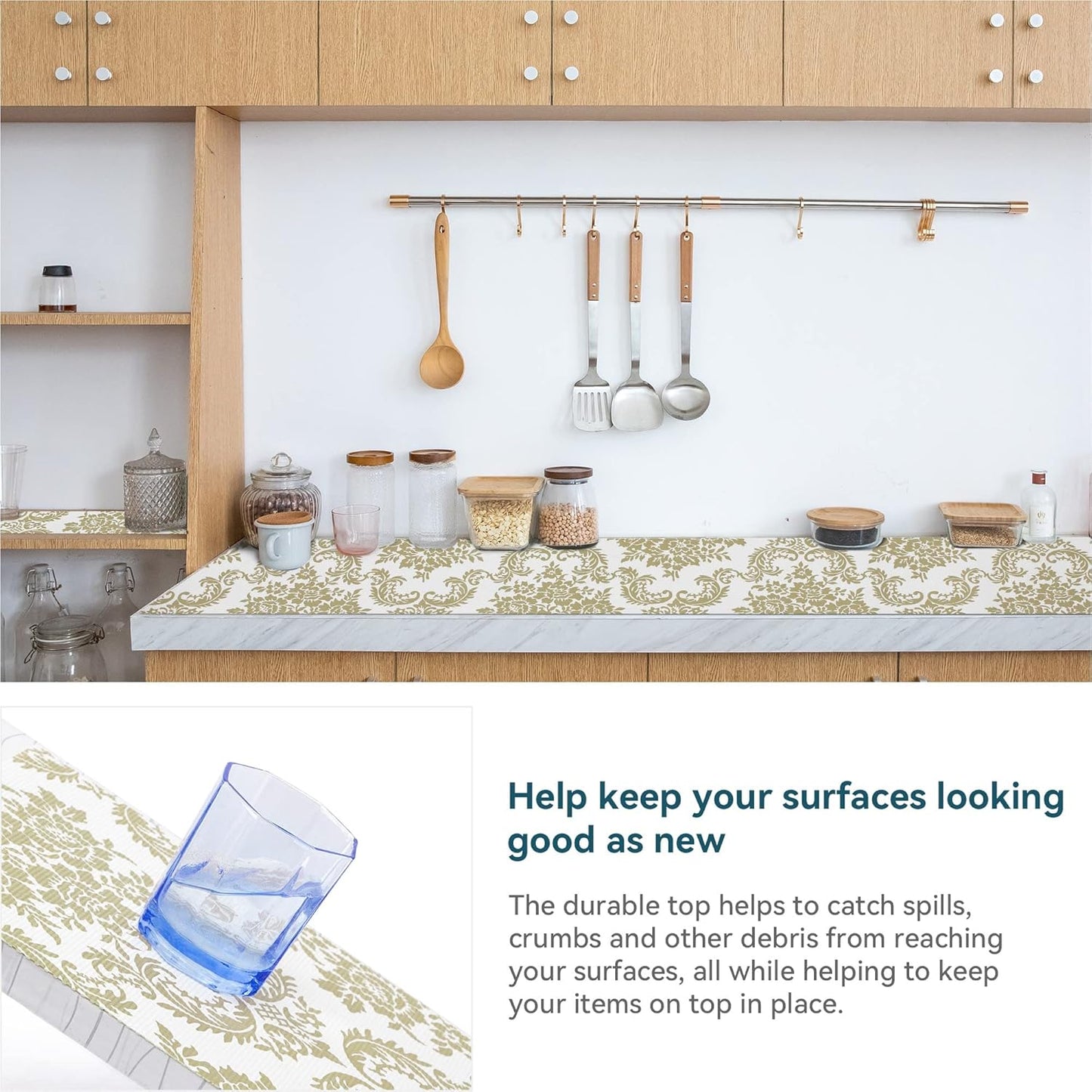 12 x 360 Inch Gold Shelf Liner for Kitchen Cabinets Non Adhesive Kitchen Drawer Liner, Waterproof Shelf Liner Durable Anti-Slip for Kitchen Cabinets Shelf Liner