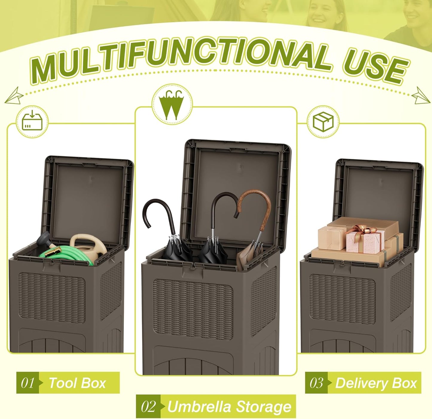 Greesum 33 Gallon Outdoor Trash Can with Lid, Waterproof Resin Garbage Bin for Hideaway, Deck, Patio, 4 Pack, Dark Brown