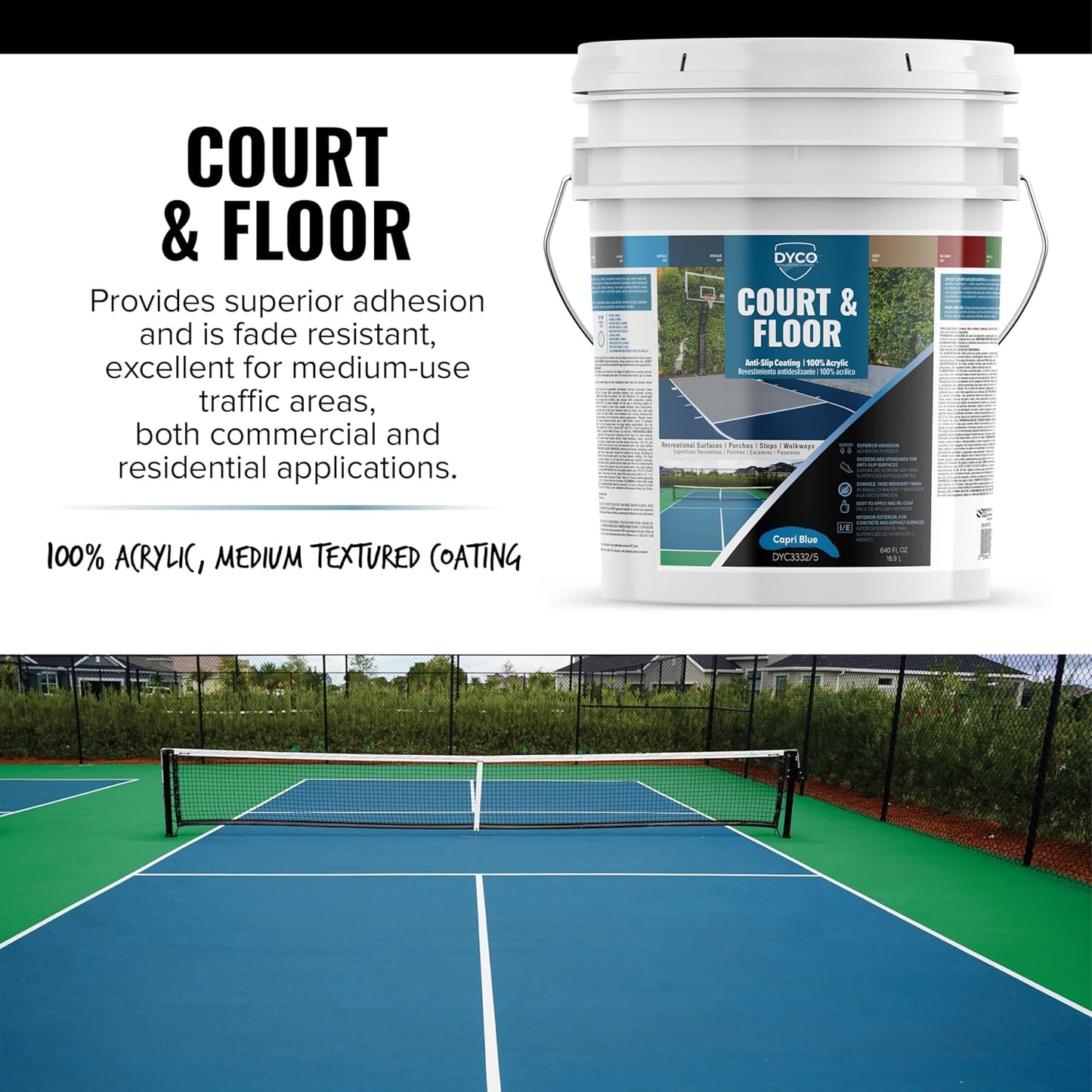 DYCO Court & Floor Anti-Slip Coating - Slip-Resistant Pavement, Cement & Concrete Paint for Pickleball, Tennis & Basketball Courts, Exceeds ADA Standards for Safety Areas (Capri Blue, 5 Gallons)