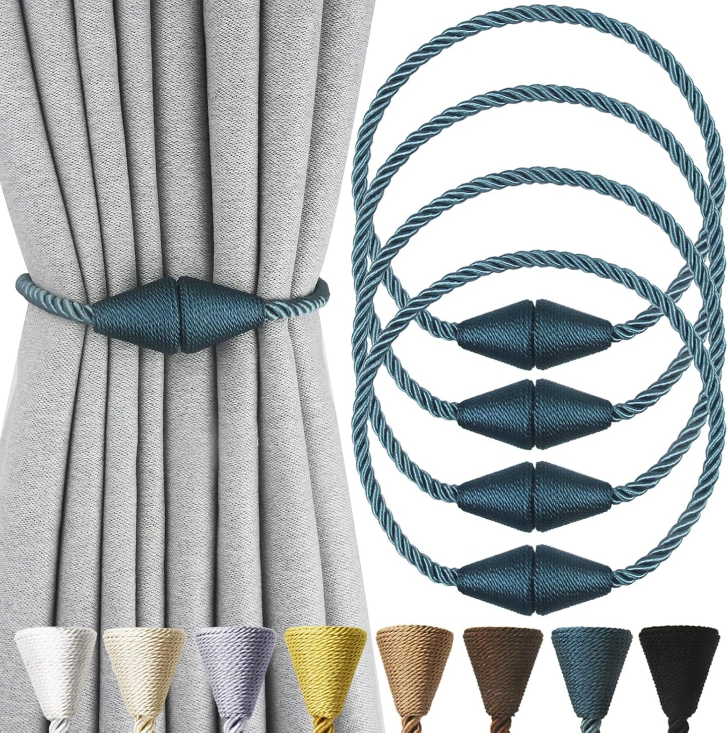 4 Pack Magnetic Curtain Tiebacks Rope Modern Handmade Curtain Tie Backs Decorative Drapes Weave Holdbacks for Window Décor, Blue