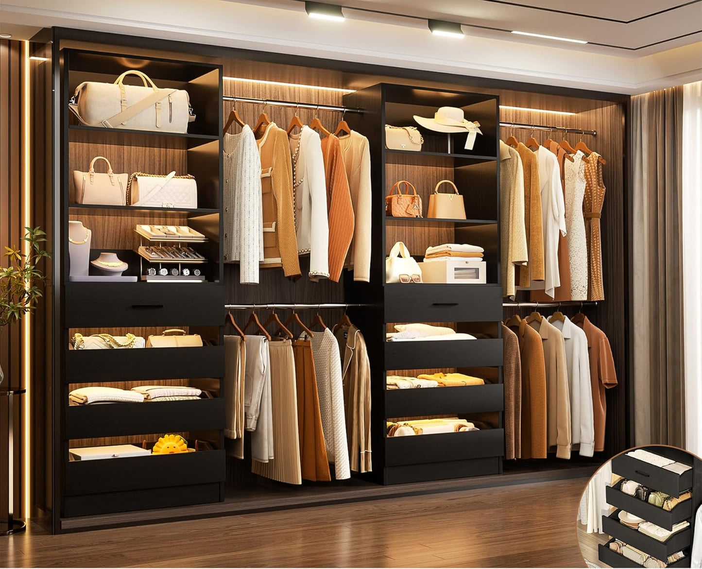 Aheaplus Closet System, 6-15Ft Closet Organizer with 8 Wooden Drawers, Wood Closet Organizer System with Tower, Walk-in Closet Organizer Wardrobe Clothes Rack with 4 Hanging Rods, Garment Rack, 1Black