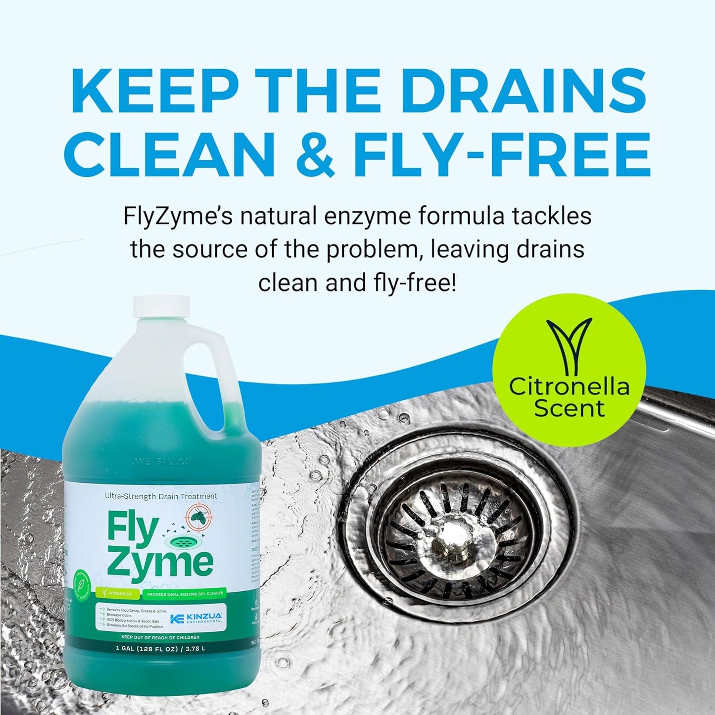 KINZUA ENVIRONMENTAL Fly-Zyme, Highly Concentrated Enzyme Drain Cleaner for Pipes & Citronella Scented Organic Waste Degrader & Odor Neutralizer, 1 Gallon