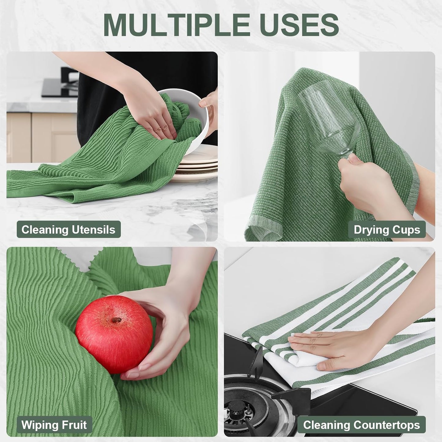 Homaxy Premium Kitchen Towels(18”x 28”, 6 Pack), Large Cotton 380 GSM Kitchen Hand Towels, Soft and Absorbent Terry Dish Towels, Multipurpose Tea Towel Set with Hanging Loop, Grass Green