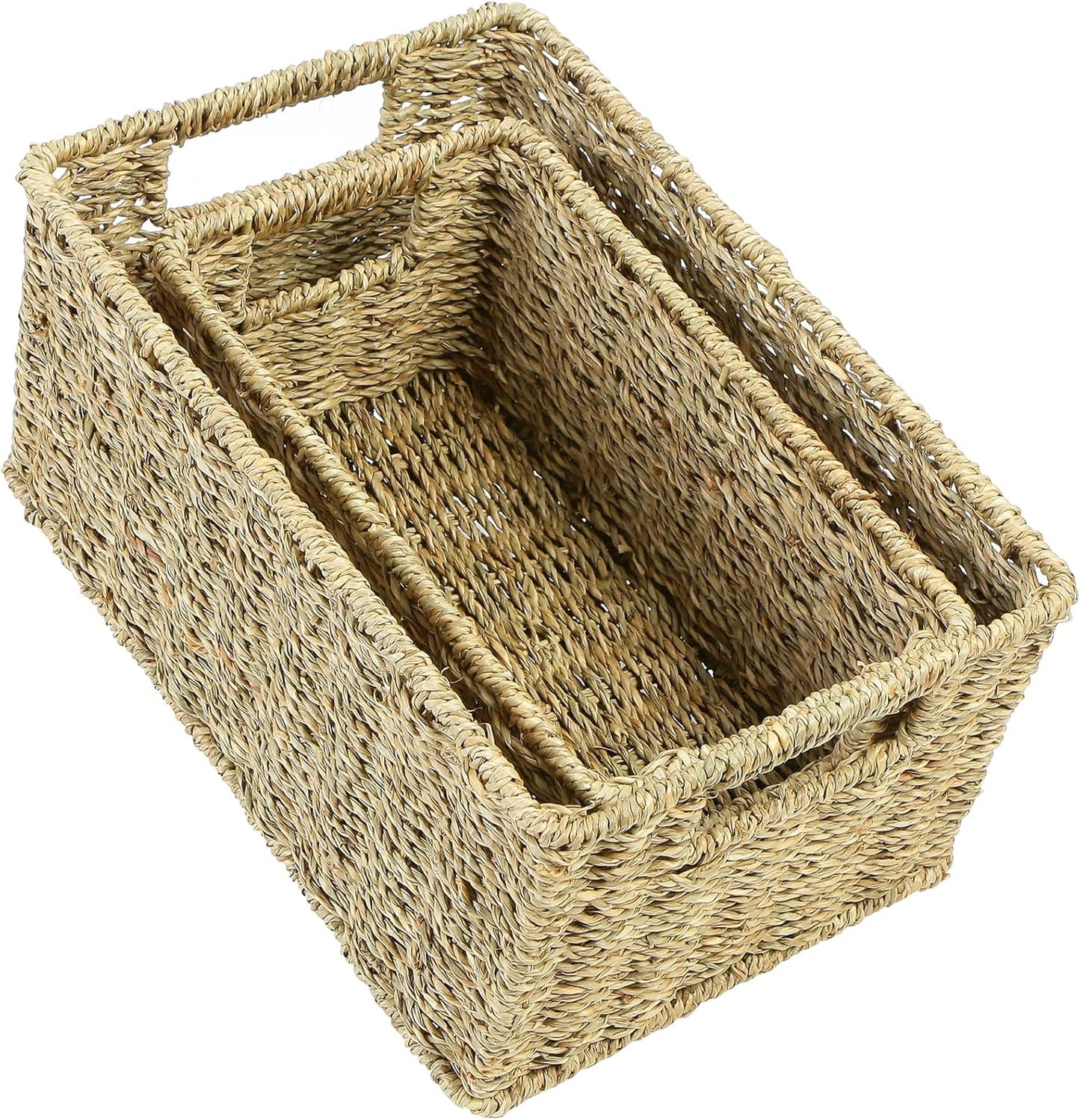 HOONEX Wicker Baskets for Storage, Seagrass Baskets with Dual Handles, Woven Baskets for Shelves, Set of 2, Natural
