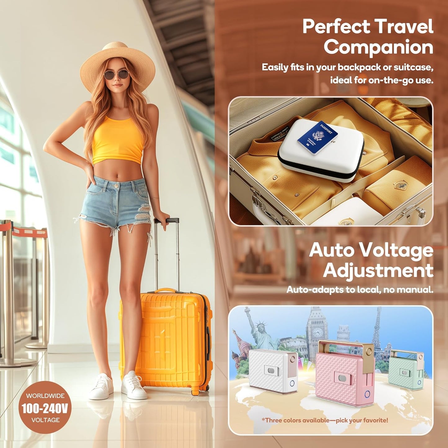 Newbealer Travel Steam Iron for Clothes, Global Voltage 100-240V Handheld Steamer, 293℉ Dry Ironing, Non-Stick Ceramic Soleplate, Horizontal & Vertical Steaming, Auto-off, Silicone Rest & Zipper Bag