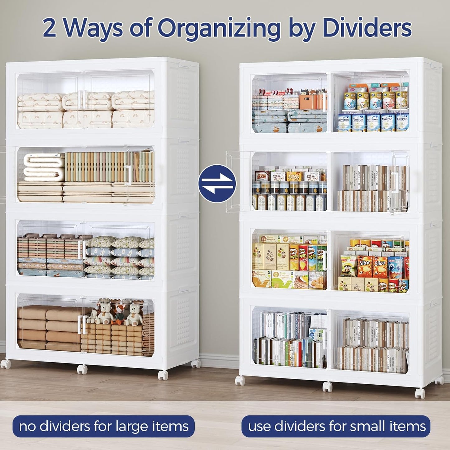 200GAL Extra Large Storage Bins with Lid, 800Qt Stackable Closet Organizers and Drawers, Collapsible Storage Bins with Wheels, Folding Storages Cabinet for Home Bedroom Office, 5Pack White