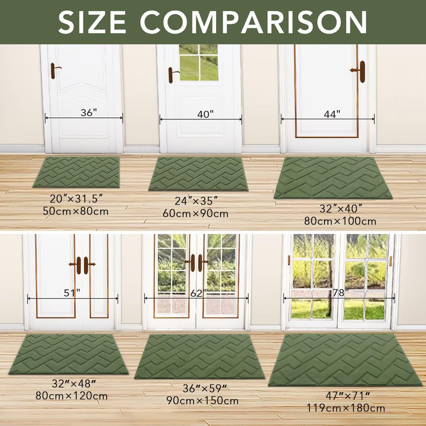 hicorfe Indoor Doormat,Front Back Door Mat Rubber Backing Non Slip Door Mats 20"x59" Absorbent Resist Dirt Entrance Doormat Inside Floor Mats Entryway Washable Low-Profile for Patio,Garden(Green)