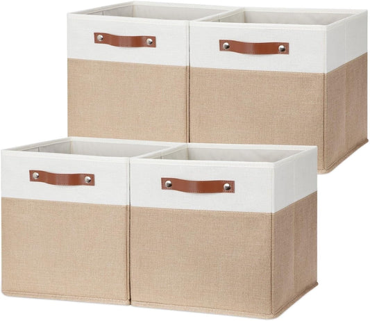 HNZIGE Fabric Storage Cubes, Cube Storage Bins 12 x 12, Set of 4, Decorative Storage Baskets for Shelves with Handles,Foldable Bins for Cube Shelf Organizer Home Toy Nursery Closet(Beige White)