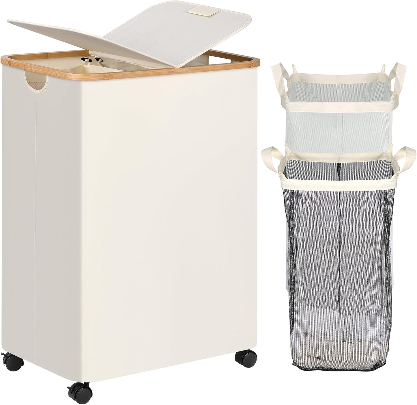 efluky Double Laundry Hamper with Wheels, Divided Laundry Hamper with Removable Bags, 2 Section Dirty Clothes Basket with Handles for Bathroom, Bedroom & Laundry Room, 160L Beige