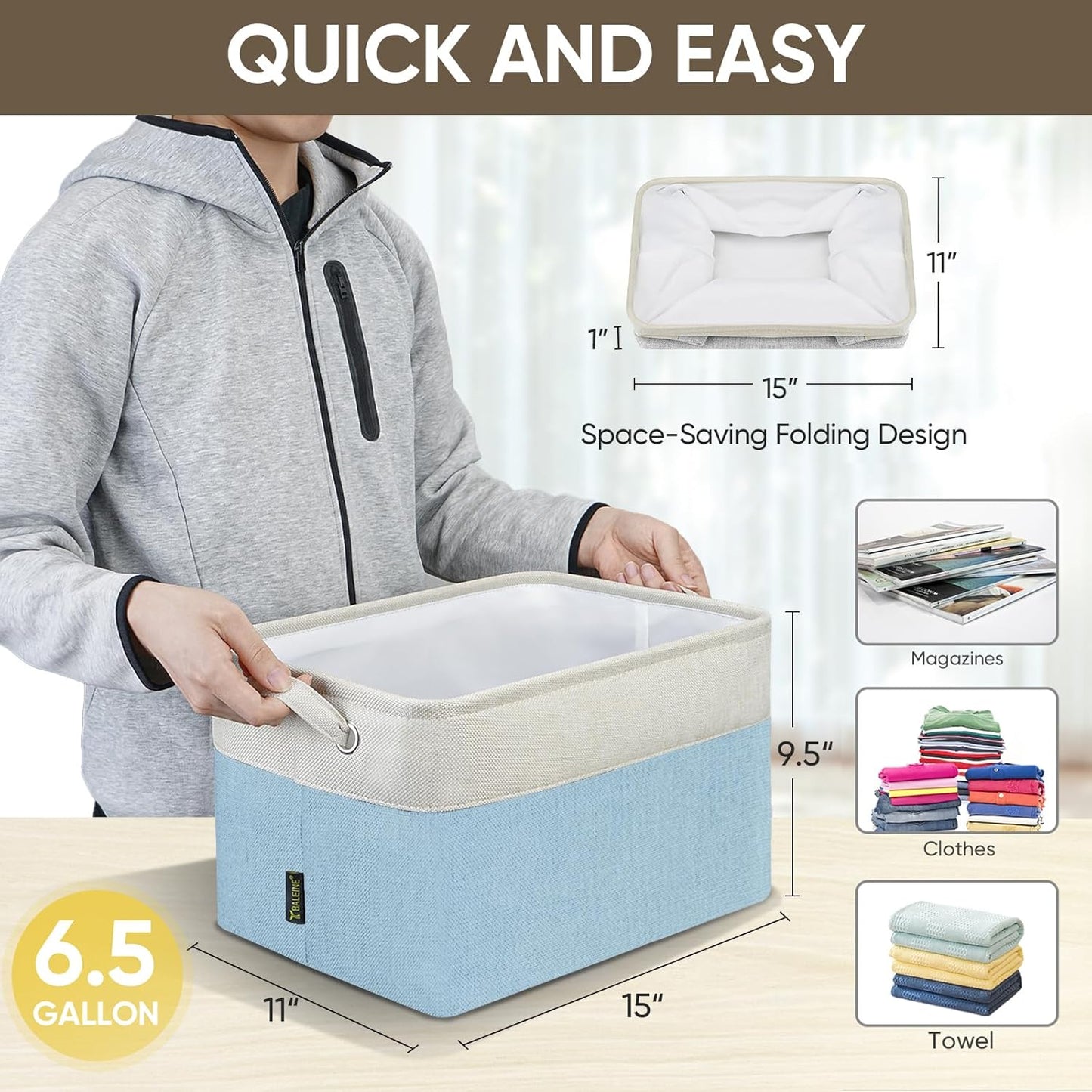 BALEINE 1 Pack Fabric Storage Bins for Shelves, Linen Storage Baskets for Organizing, Decorative Closet Bins for Clothes, Home (Skyblue, 15''x11''x9.5'')