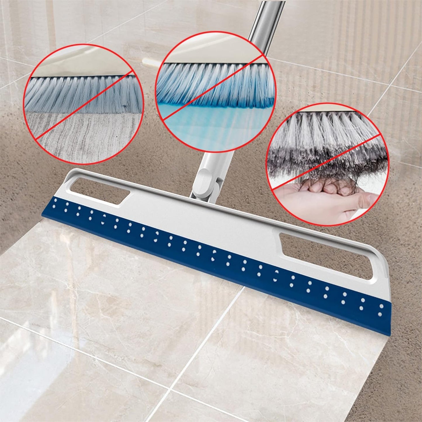 Multifunction Magic Air Broom, Silicone Broom with 56" Long Handle, 4 in 1 Rubber Squeegee Sweeper for Floor Bathroom Kitchen Shower Tile Pet Hair Fur Marble Glass Water Window Foam Cleaning (Blue)