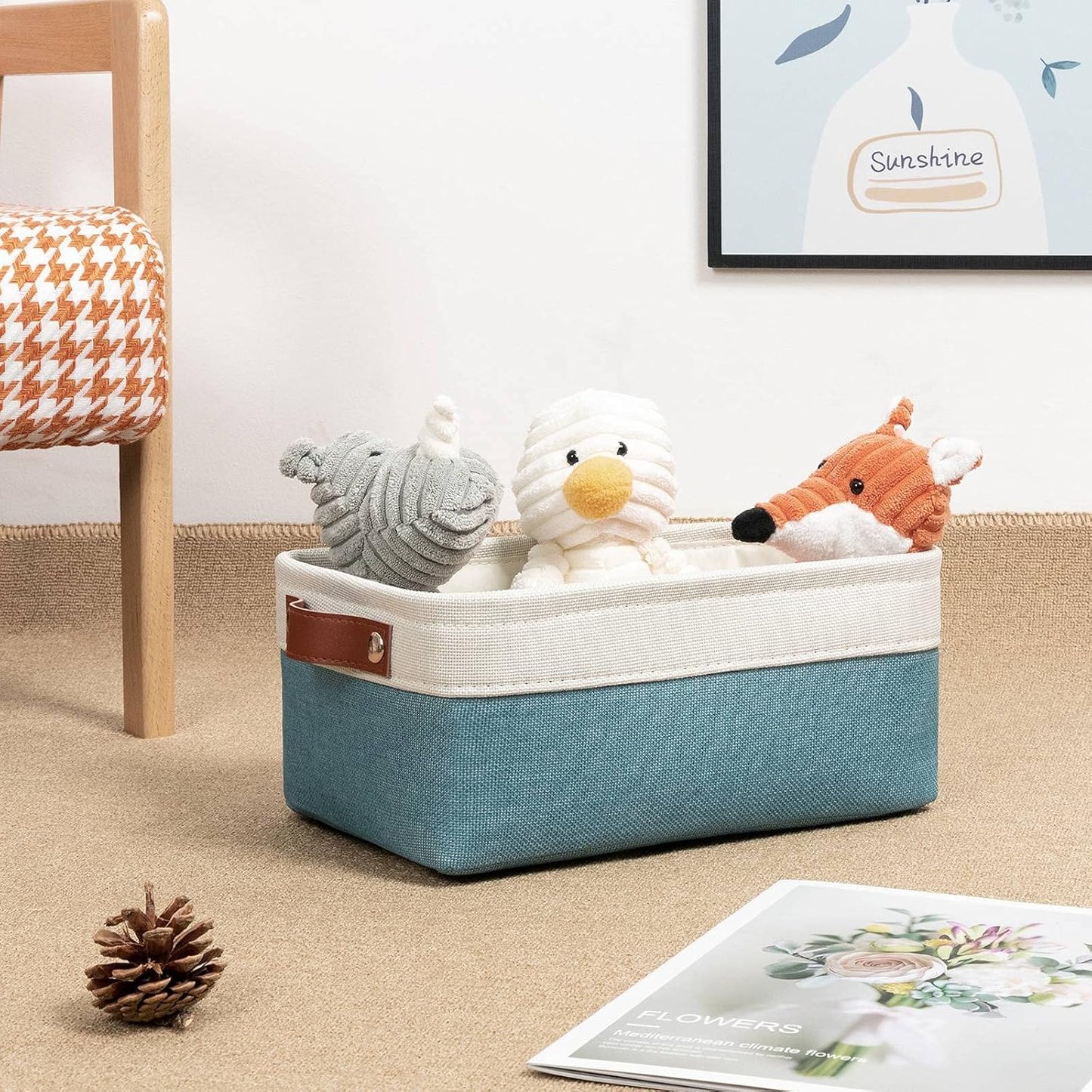 DULLEMELO Storage Baskets Bins for Organizing, Small Fabric Baskets for Shelves, Closets, Nursery, Home, Office, Empty Gift Baskets (6-Pack, White&Teal)