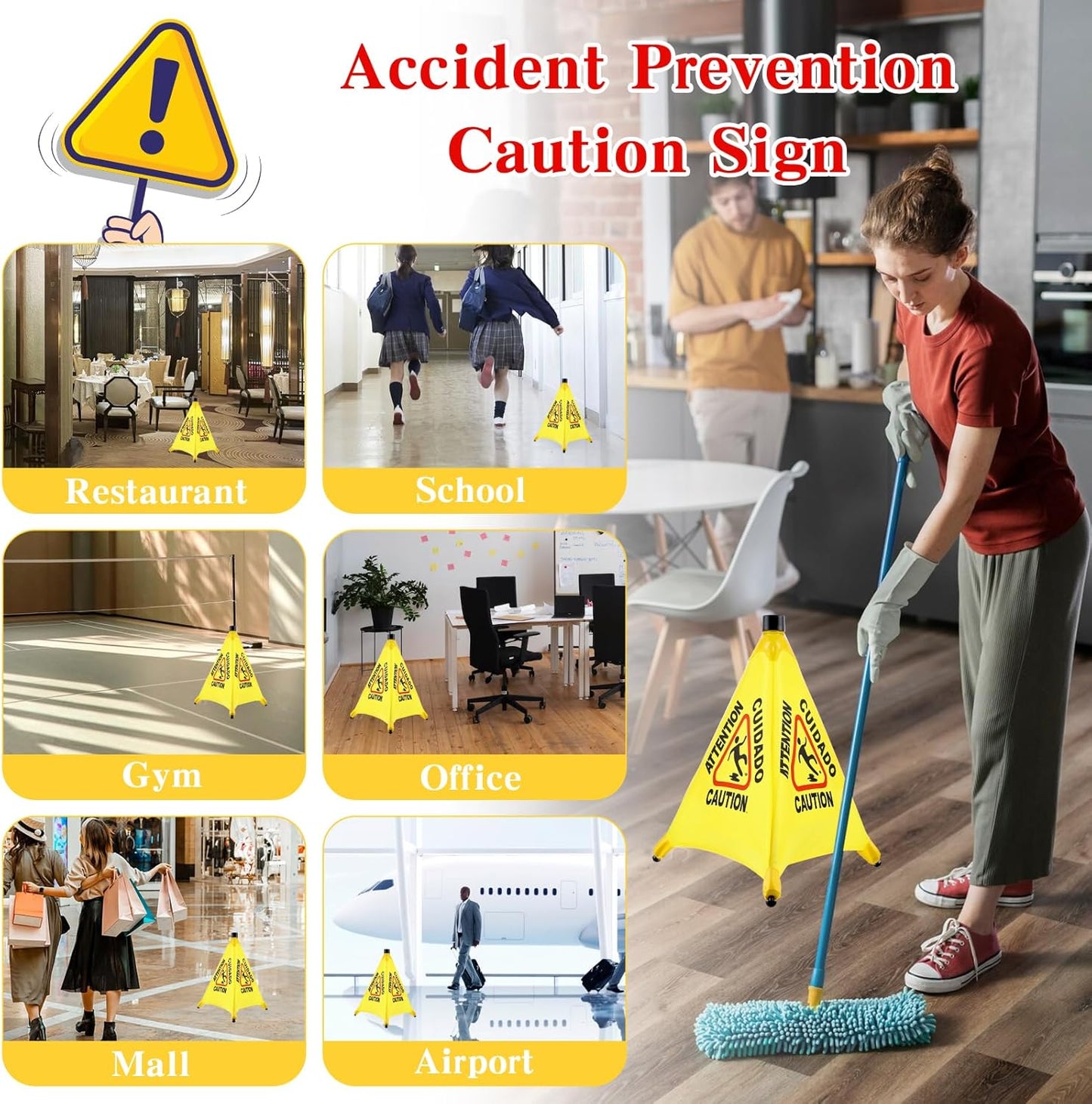 4-Packs Wet Floor Signs 20 Inch, Pop UP Bilingual Yellow Caution Wet Floor Sign with Wall Mounted Storage Tube Foldable, Slip Carefully Safety Cone Signs Pop up Caution Commercial Sign