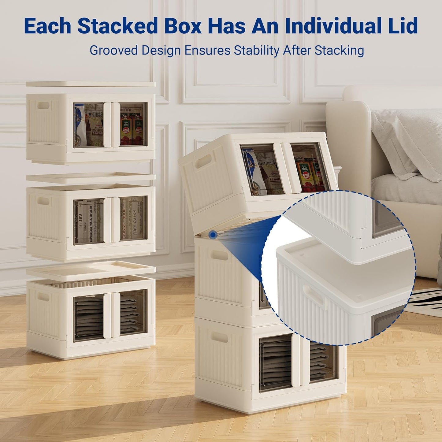 FLEXIMOUNTS 150 QT Stackable Storage Bins With Lids, Collapsible Plastic Storage Bins, Closet Organizers and Storage Containers with Doors and Built-in Wheels For Home, 4 Pack Cubes, Milky White