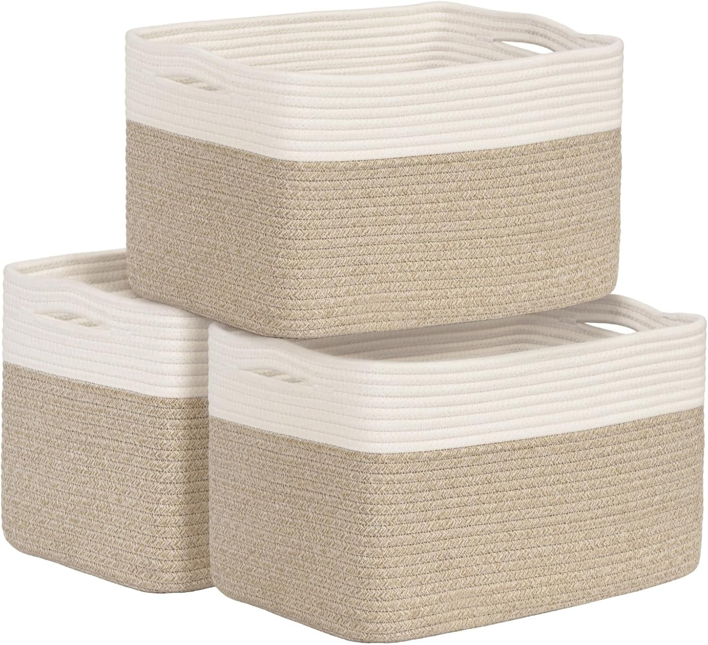 Shelf Baskets for Organizing, Woven Storage Basket for Shelves, Cotton Rope Storage Bins for Toys Books, Nursery Towel Baskets for Classroom, 14.96"X9.8"X8.85", 3-Pack White/Brown