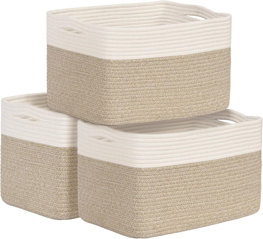 Shelf Baskets for Organizing, Woven Storage Basket for Shelves, Cotton Rope Storage Bins for Toys Books, Nursery Towel Baskets for Classroom, 14.96"X9.8"X8.85", 3-Pack White/Brown