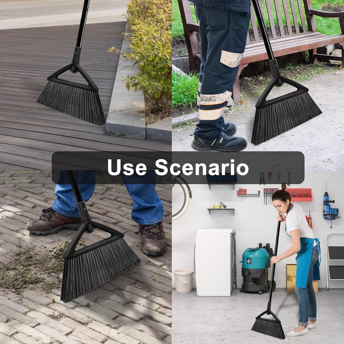 Heavy Duty Broom, Brooms for Sweeeping Indoor, Angle Broom with Long Pole, Outdoor Broom for Courtyard Garages Slidewalk, Indoor Broom for Kitchen Lobby Canteen Black